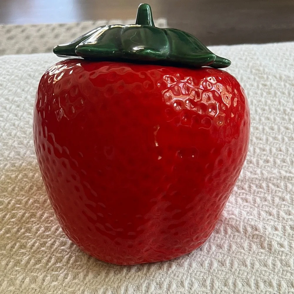 Vintage Ceramic Strawberry Lidded Jar Red Green Fruit Canister Cottagecore Decor